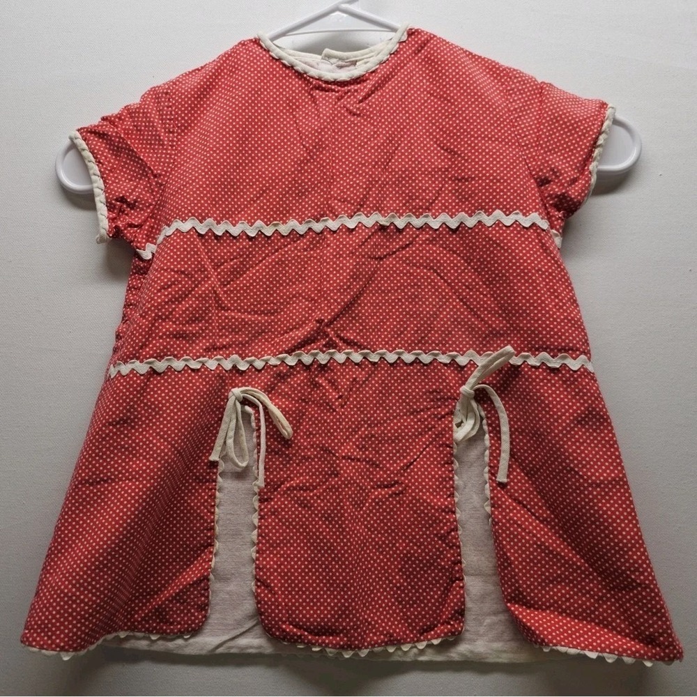 Vintage Girls Prairie Dress Red Cottagecore Lace Ribbon Polka Dot